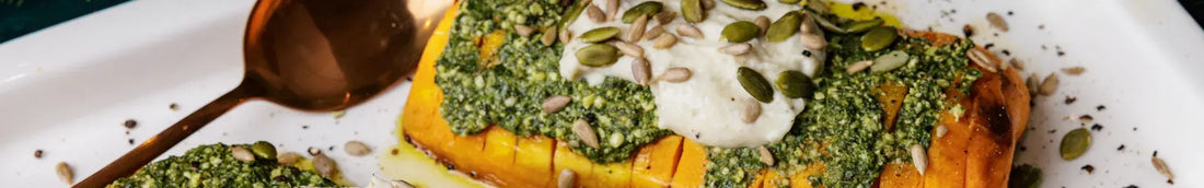 Hasselback Squash with Pesto and Cauliflower Puree