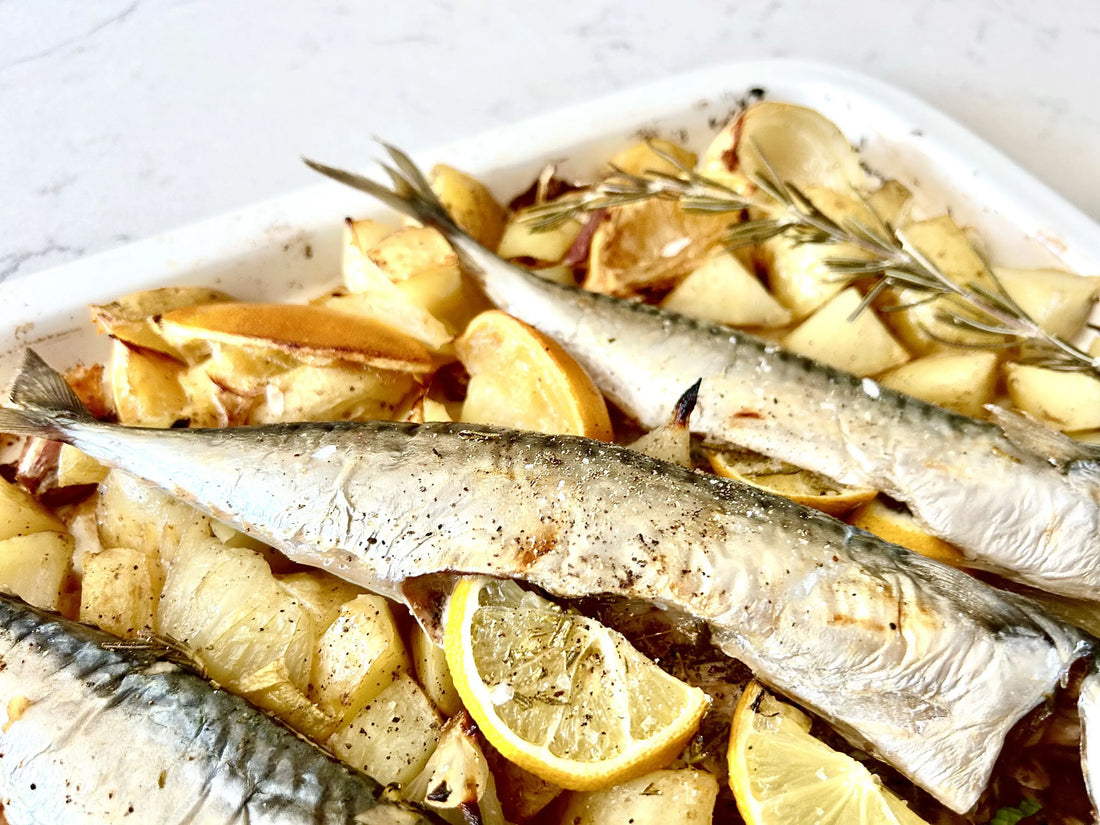 Cornish Mackerel with Herby Roasted Potatoes, Garlic and Lemon