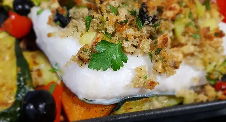 Hazlenut & Olive Topped Cod with Griddled Vegetables