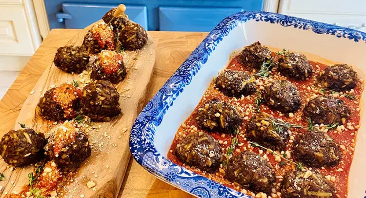 Porcini Meatballs with a Roasted Pepper Sauce