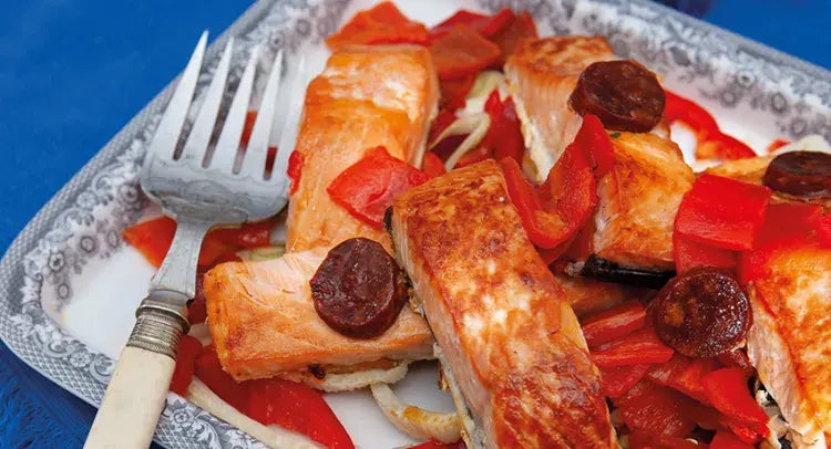 Salmon with Chorizo and Red Peppers